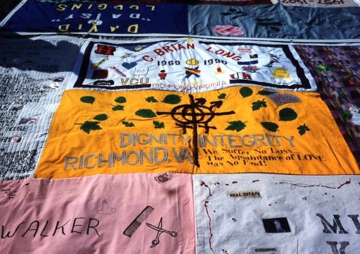 Dignity/Integrity's memorial quilt on the Lawn in D.C. October 1996. From the Papers of Carl Archacki at Virginia Commonwealth University, James Branch Cabell Library Special Collections and Archives.