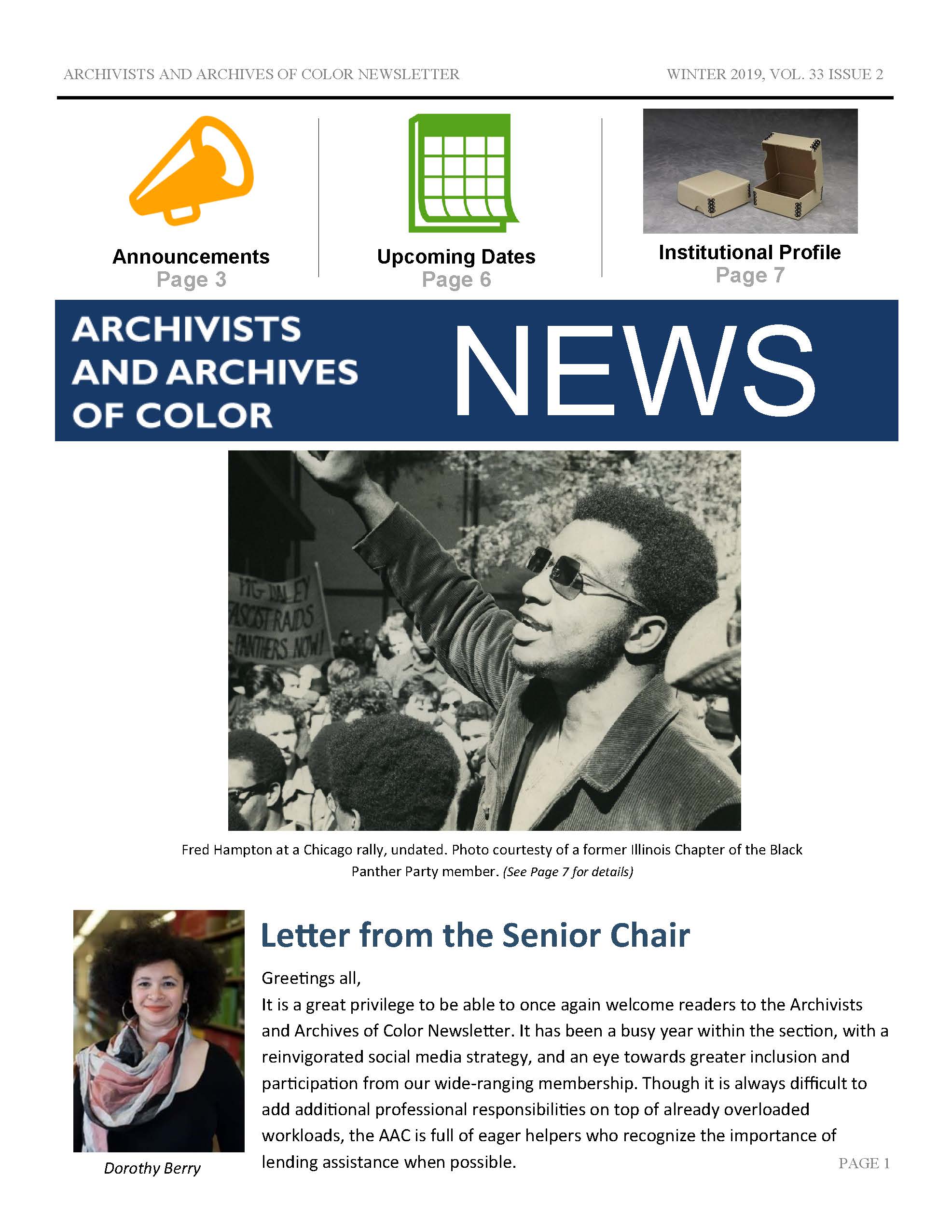 Archivists and Archives of Color Newsletter Winter 2019, Vol. 33 No. 2
