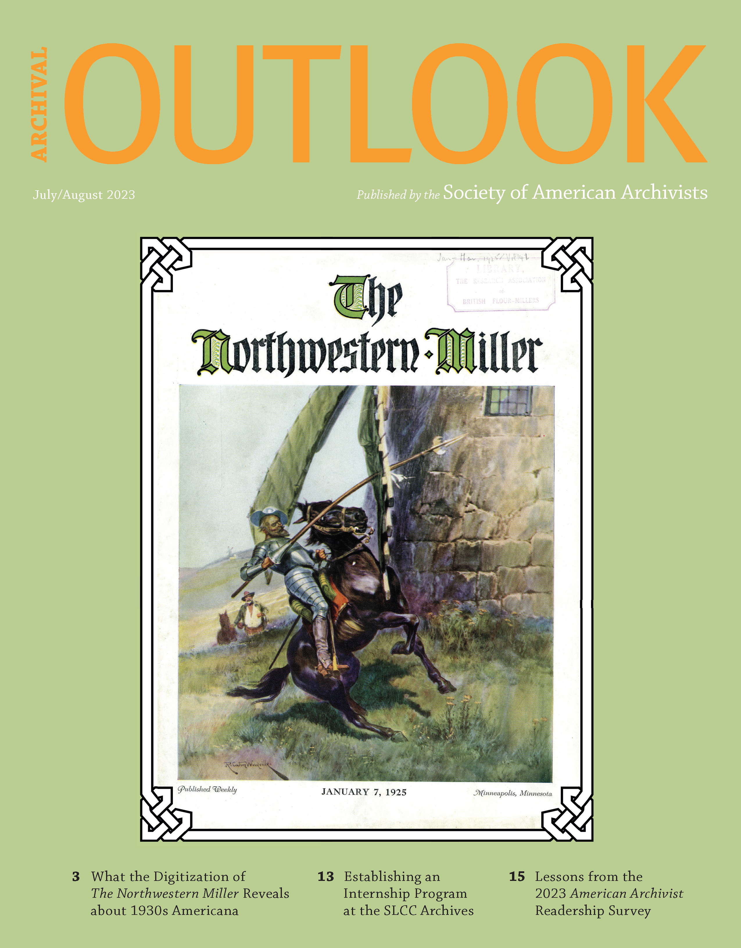 Archival Outlook: July/August 2023. A drawing of Don Quixote tilting at windmills on the cover of The Northwestern Miller magazine.