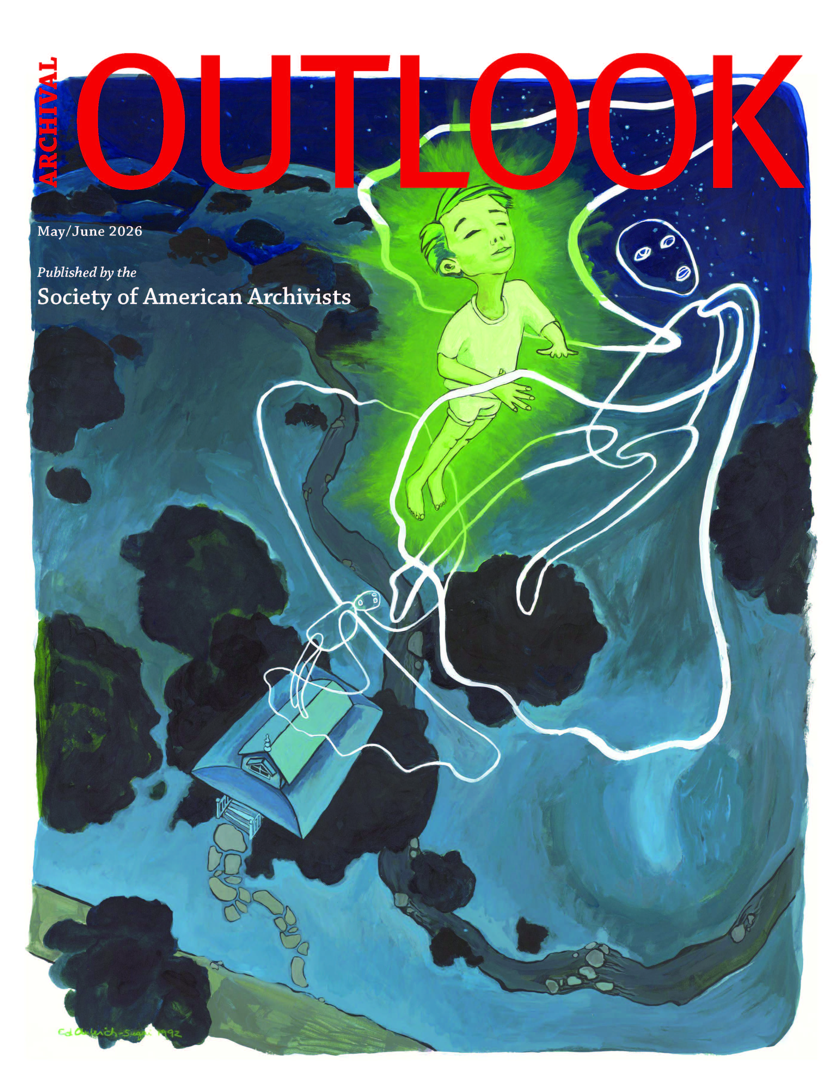 A panel from the JULIAN series by Ed Aulerich-Sugai, depicting the titular character being carried into the night sky by spirits after succumbing to illness.