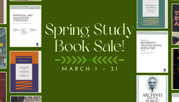 A series of book covers are on either side of this white rectangle. In the center it says "Spring Study Book Sale!" Beneath that is a doodle of laurel branches. At the bottom of the image it says "March 1 - 31"